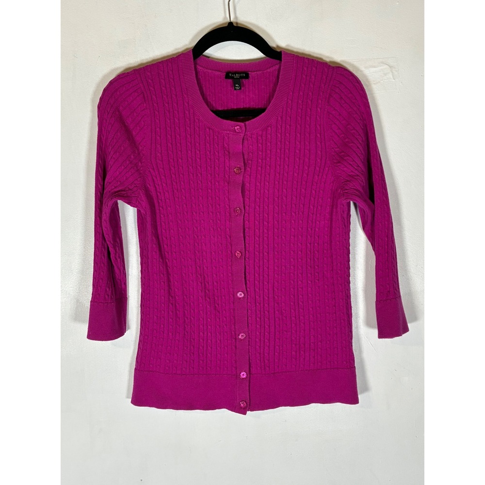Talbots Medium Petite Pink Cable Knit Cardigan 3/4 Sleeve Cotton Lightweight